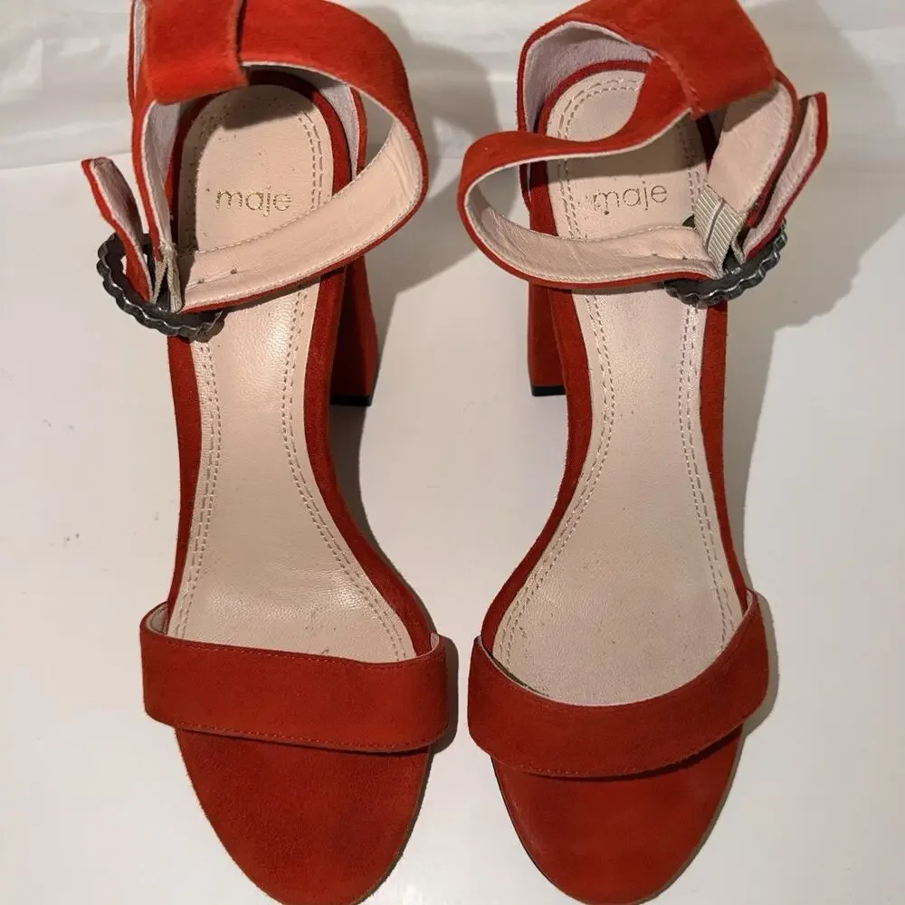 Maje Faria Red Suede Block Heel Sandals 37 US 6.5 Crystal Buckle Portugal JB2